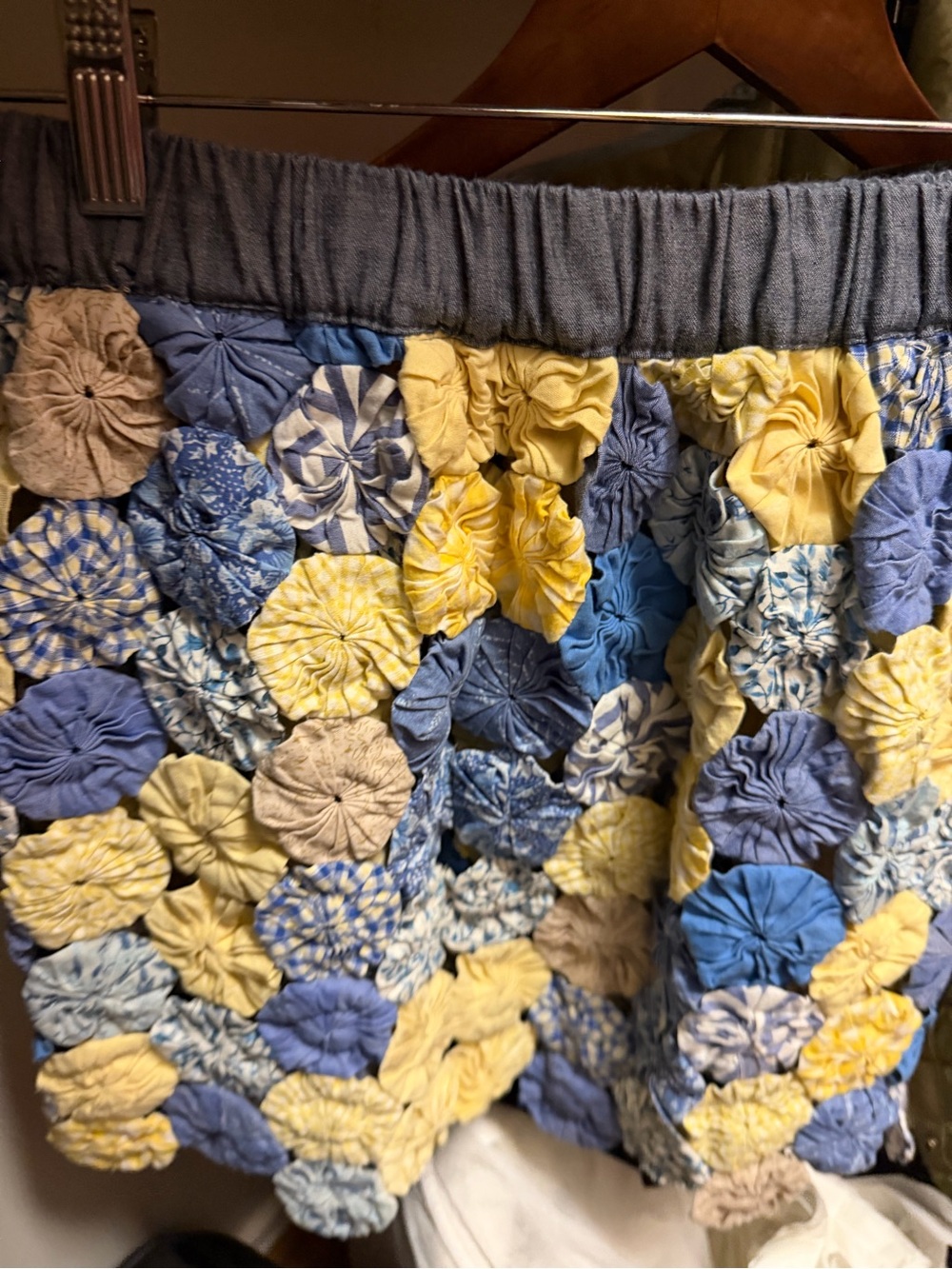 Wildridge (round top, Texas) 
Patchwork Yo-Yo Skirt in Blue, Yellow, and Cream
